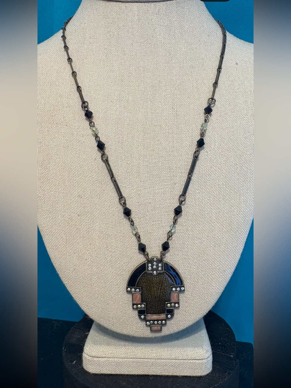 Sweet Romance vintage necklace art deco rhinestones enamel 22”